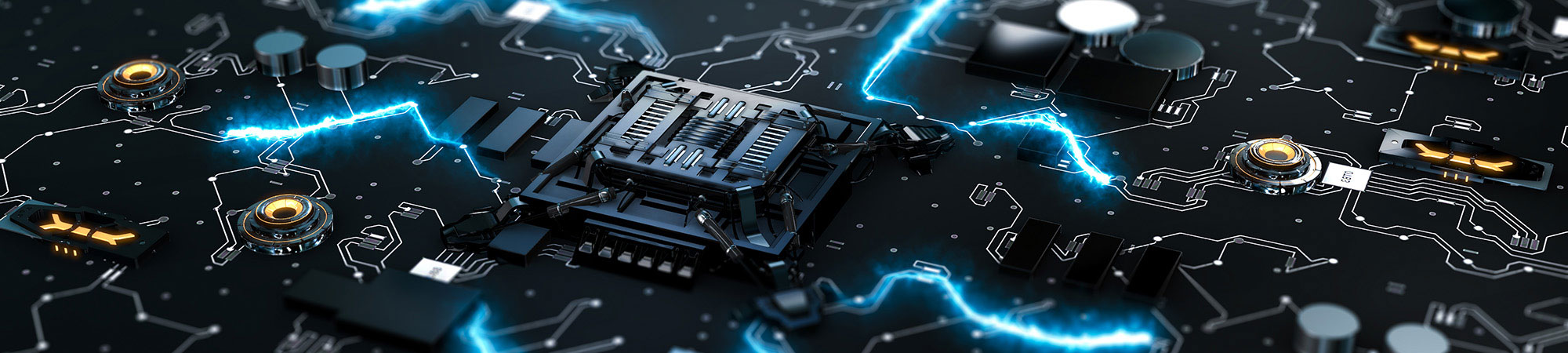 Circuit board with blue arc lines between compoenents