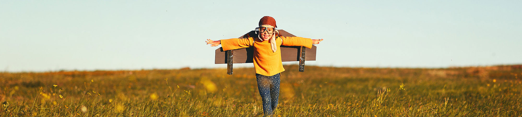 Young kid with cardboard wings in a field